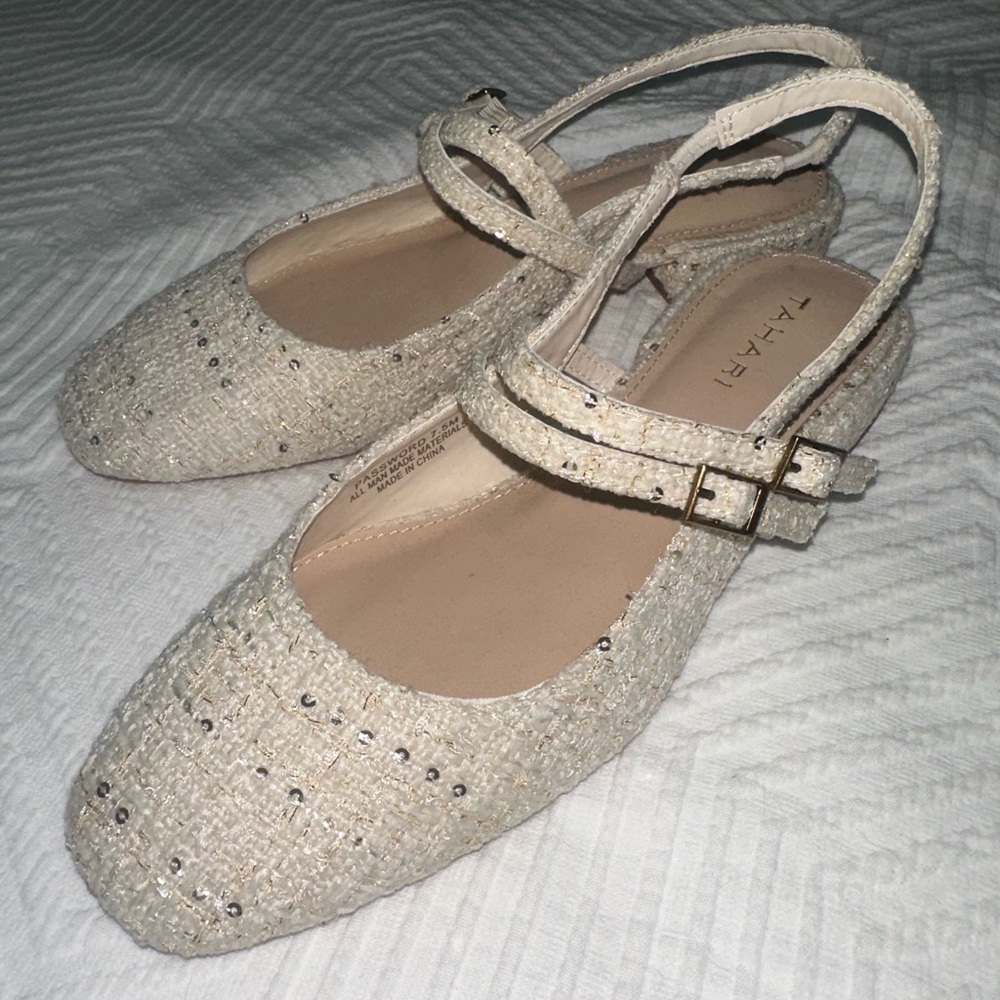 Tahari Cream Flats with Double Straps